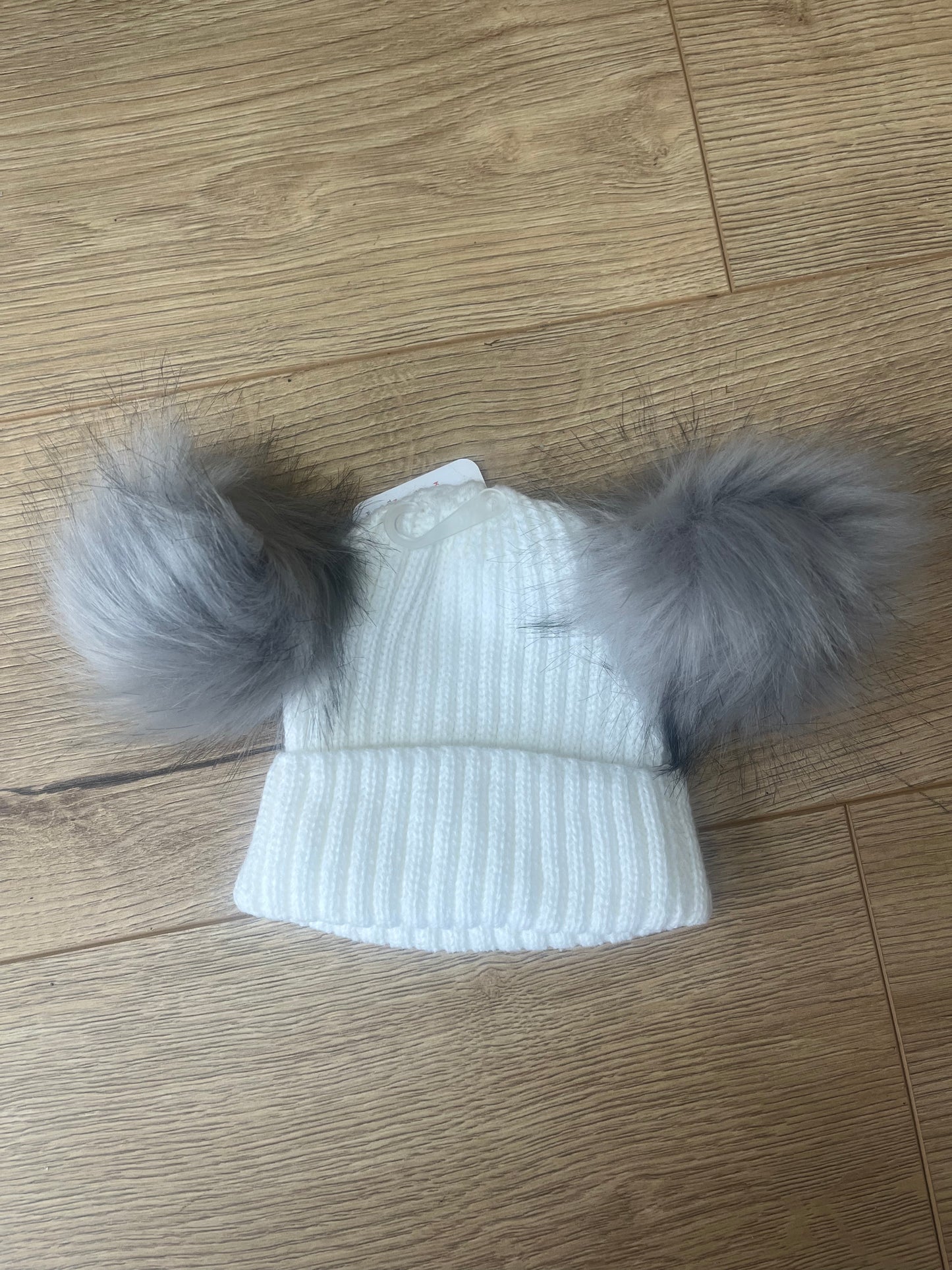 White / Grey Double Pom Pom Hat - 0-12M