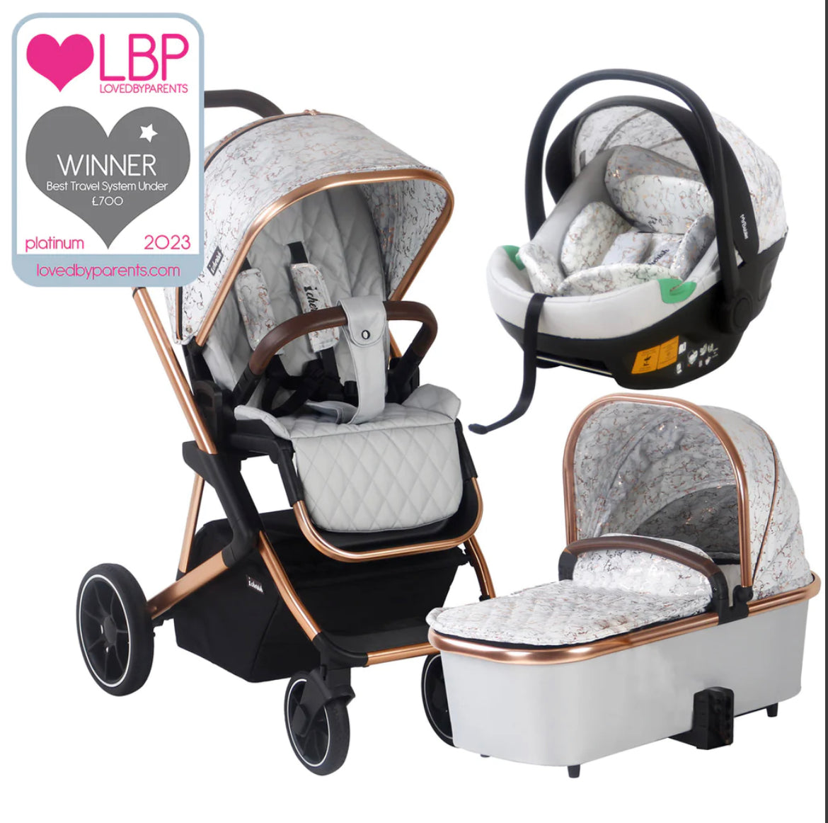 MB500i 3-in-1 Travel System with i-Size Car Seat - Dani Dyer Rose Gold Marble