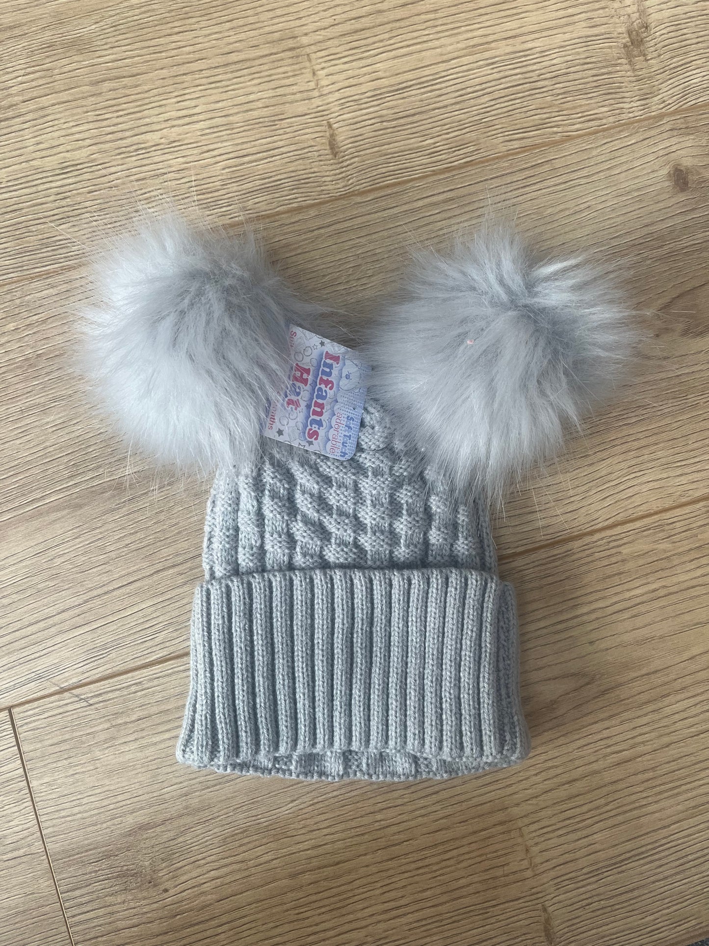 Grey Double Pom Pom Hat - 12-24M