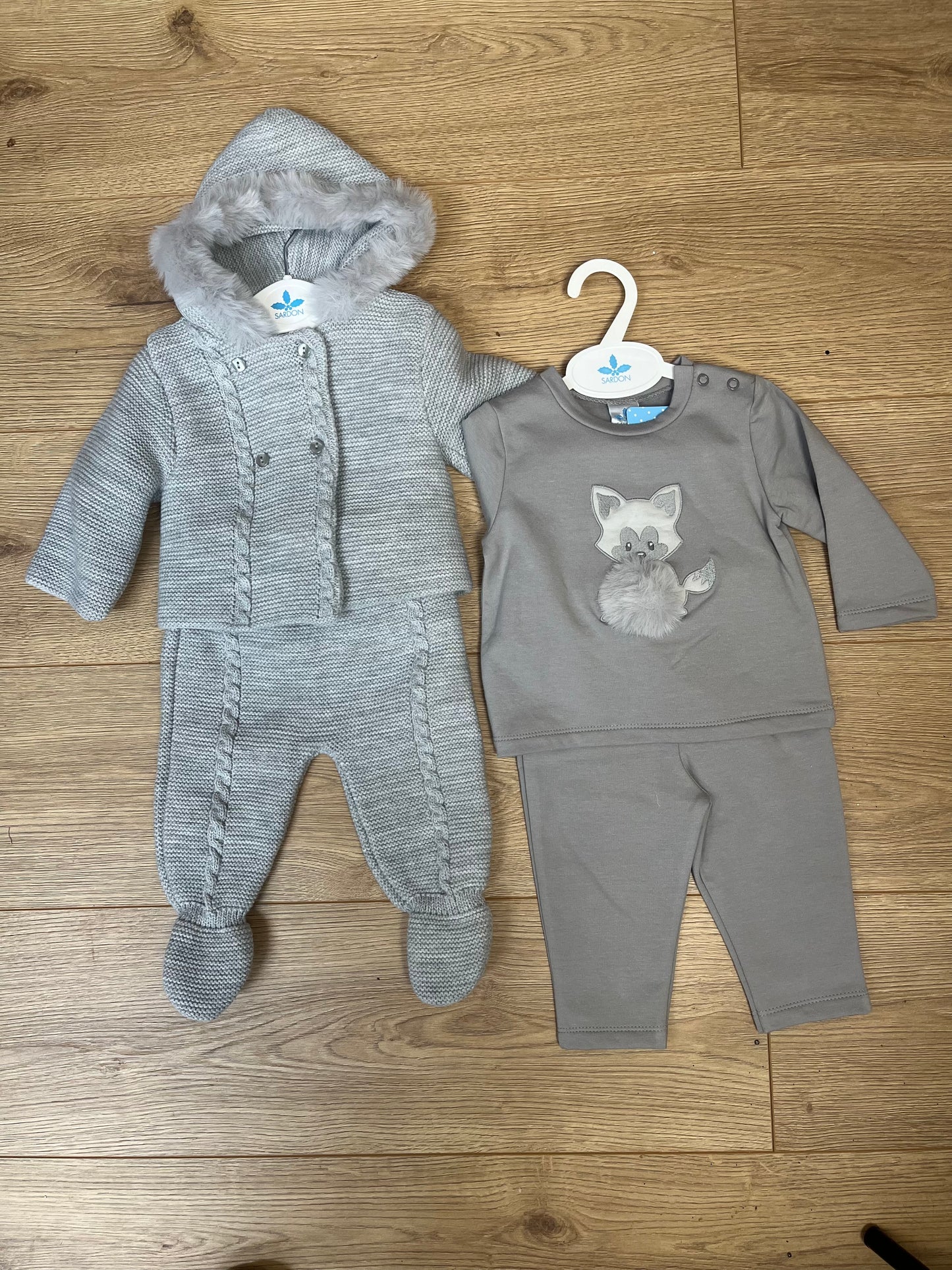 Grey Knitted Faux Fur Hooded Jacket & Pants