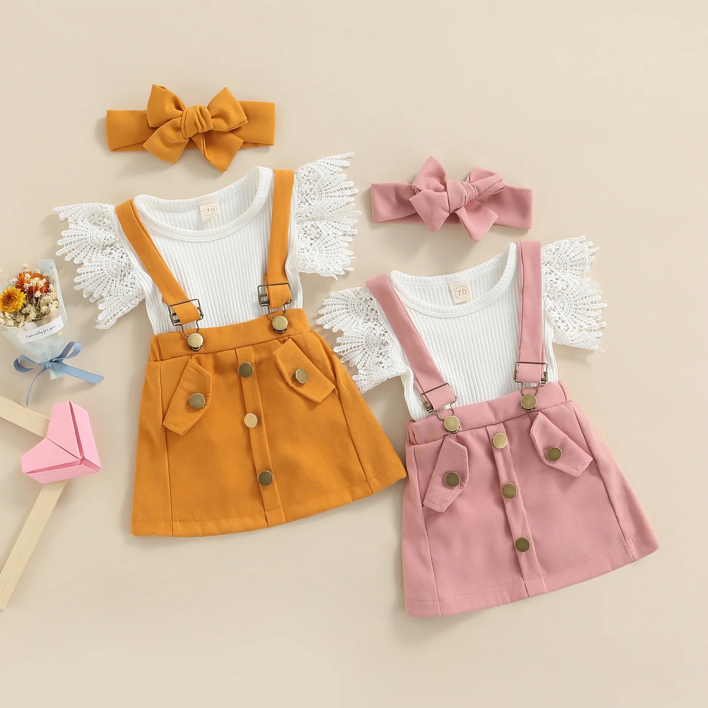 Lace Knitted Romper with Pink Dungaree Skirt