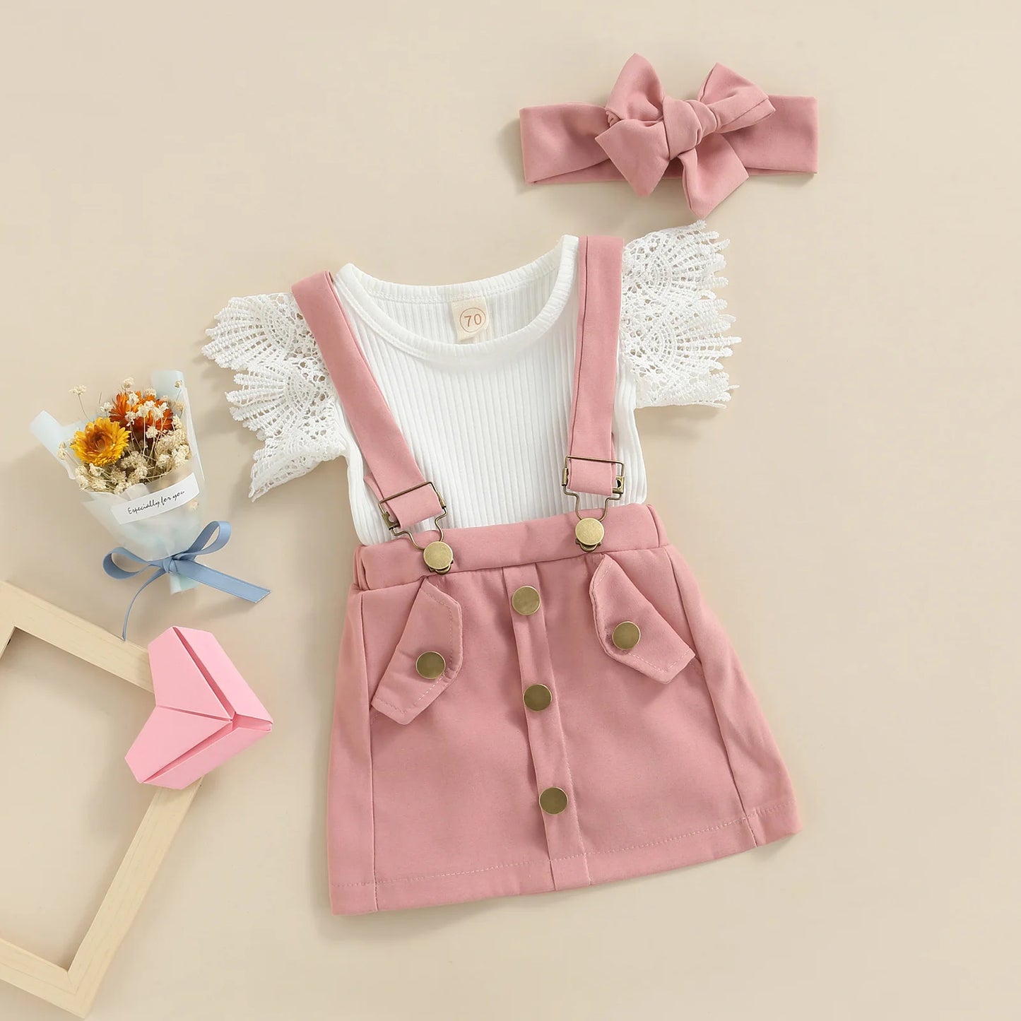 Lace Knitted Romper with Pink Dungaree Skirt
