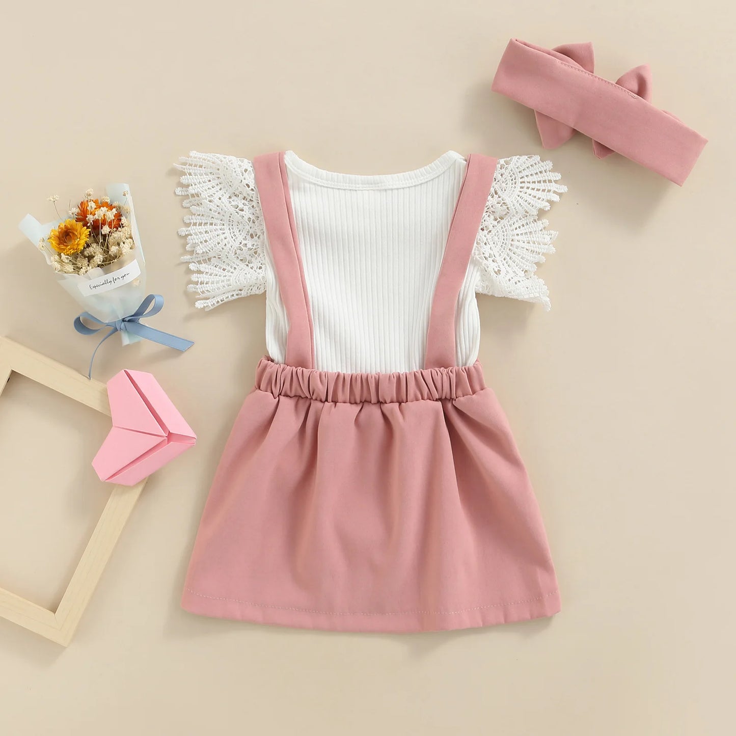 Lace Knitted Romper with Pink Dungaree Skirt