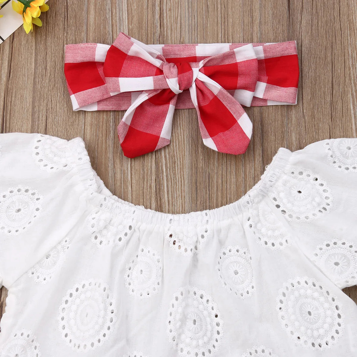 Lace Tops with Red Plaid Shorts & Headband