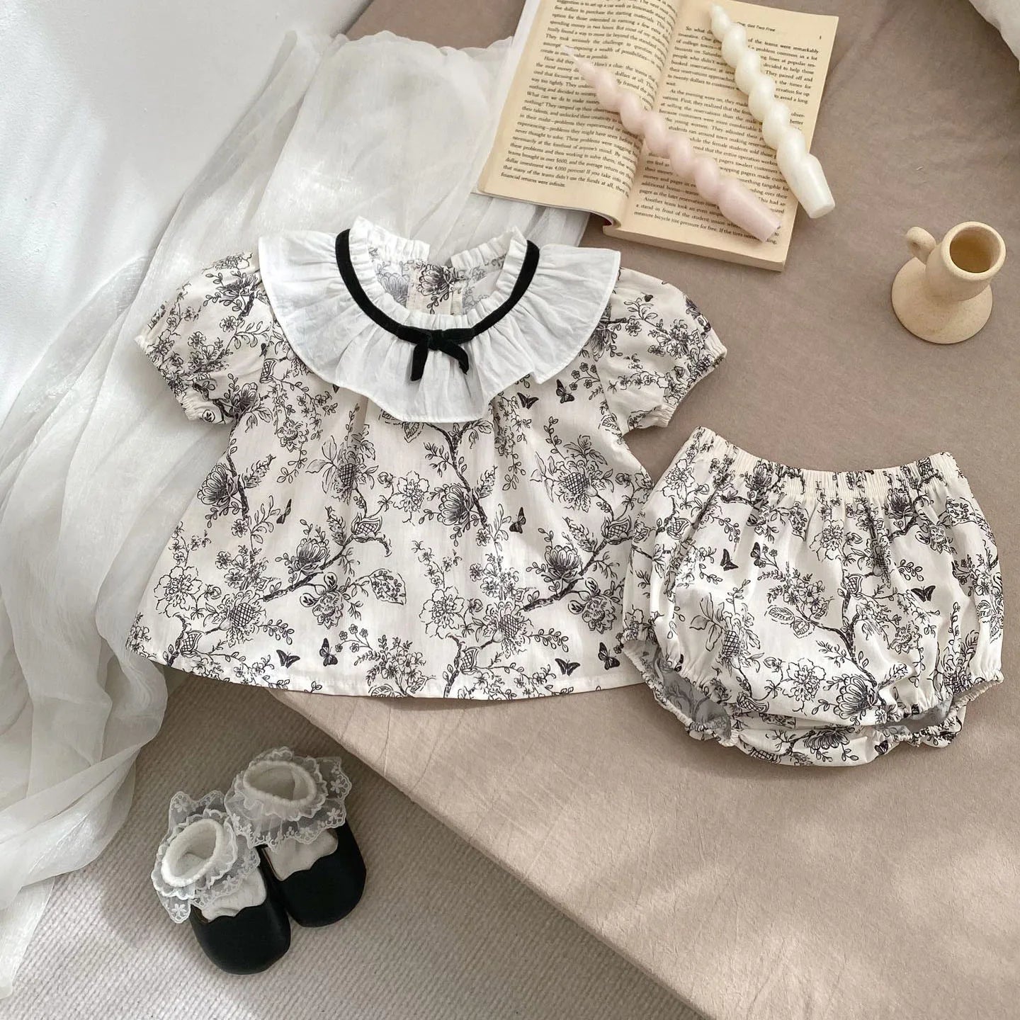 Black Floral Lace Collar Top And Bloomer Set