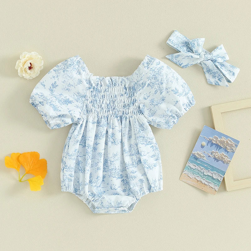 Floral Print Puff Sleeve Romper & Headband Set
