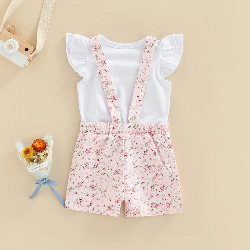 Girls Floral Dungaree Shorts & Tshirt Set