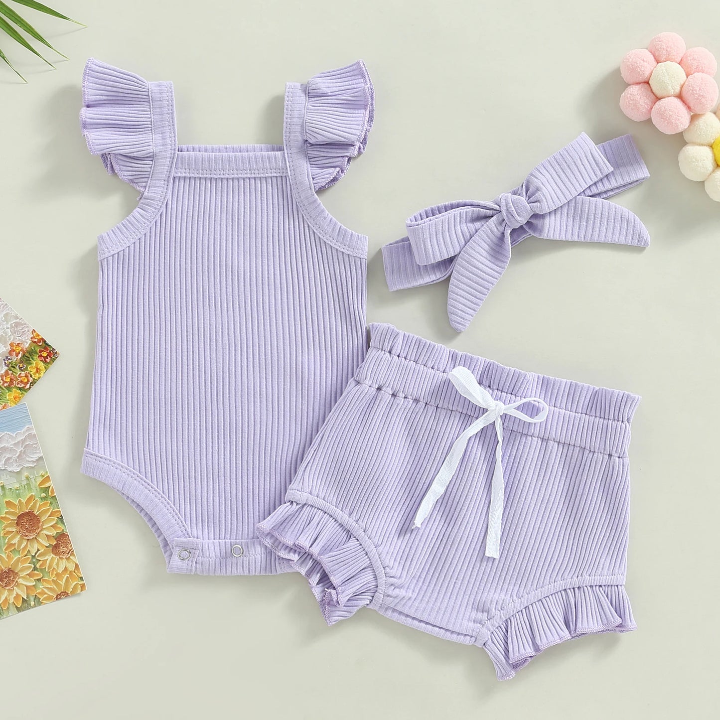 Ribbed Shorts, Bodysuit & Headband Set