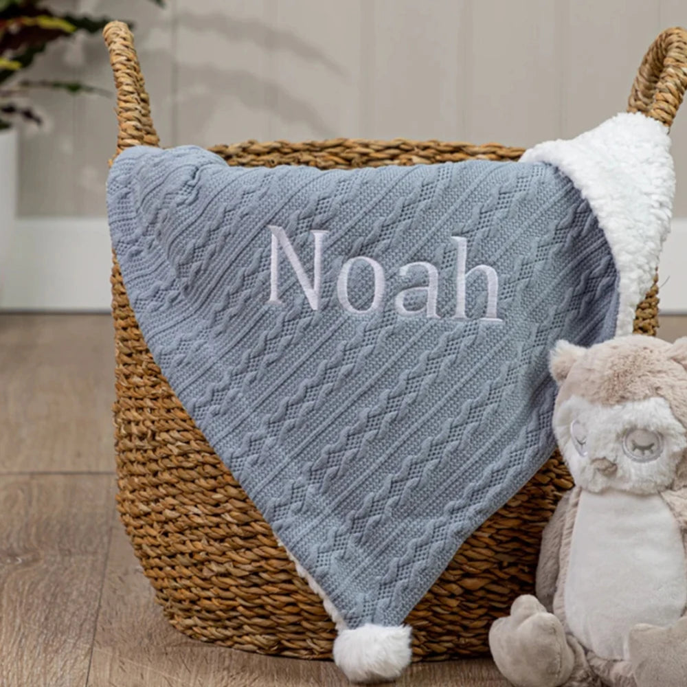 Personalised Knitted Baby Pram Blanket with Pom Poms