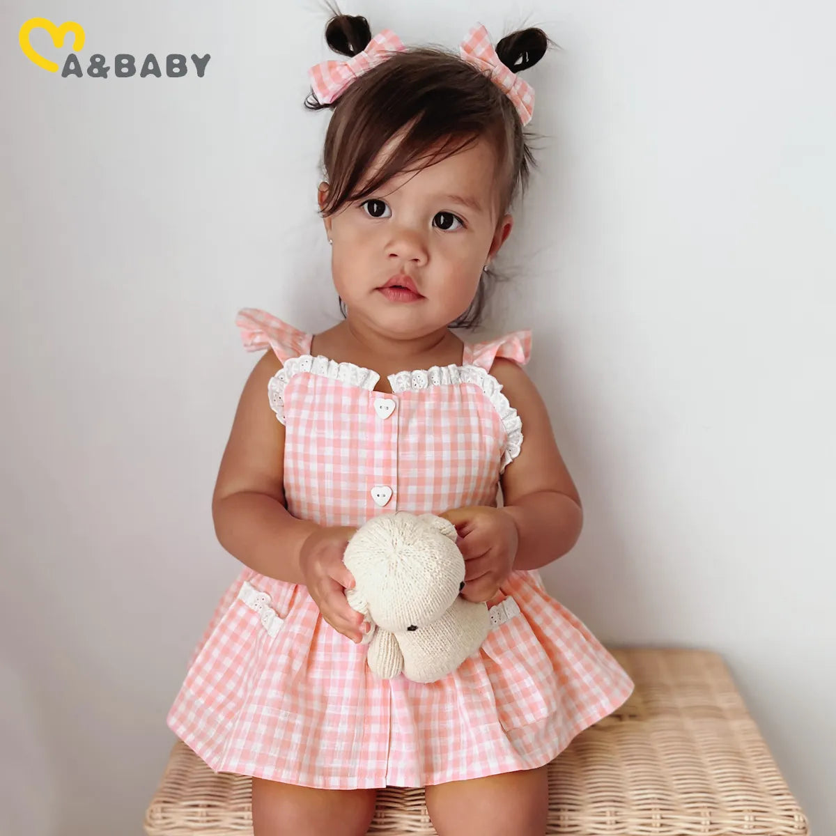 Plaid Lace Ruffle Romper & Bow Headband Set