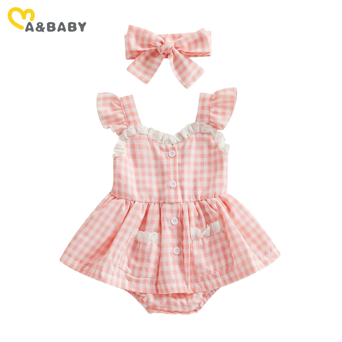 Plaid Lace Ruffle Romper & Bow Headband Set