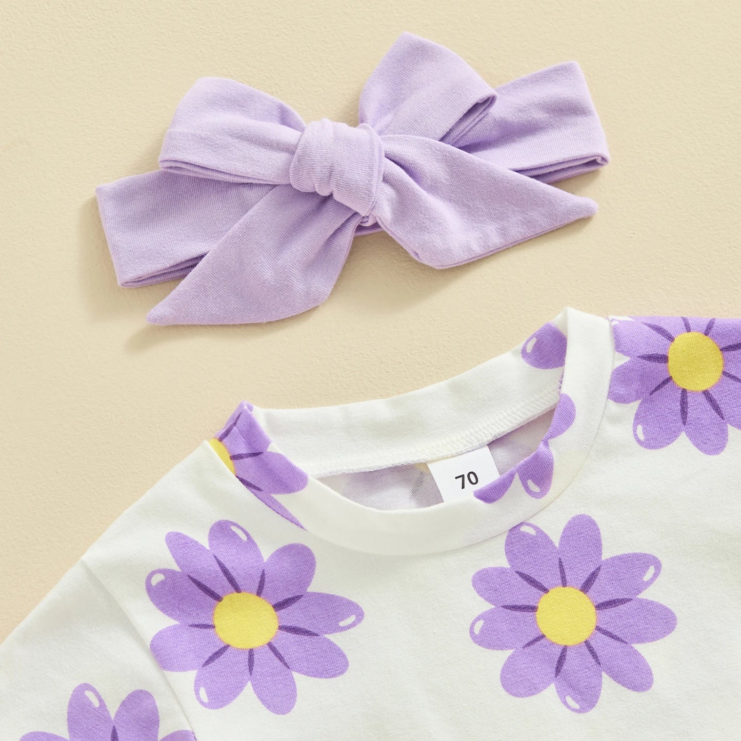 Flower Print T Shirt & Shorts Set with Headband