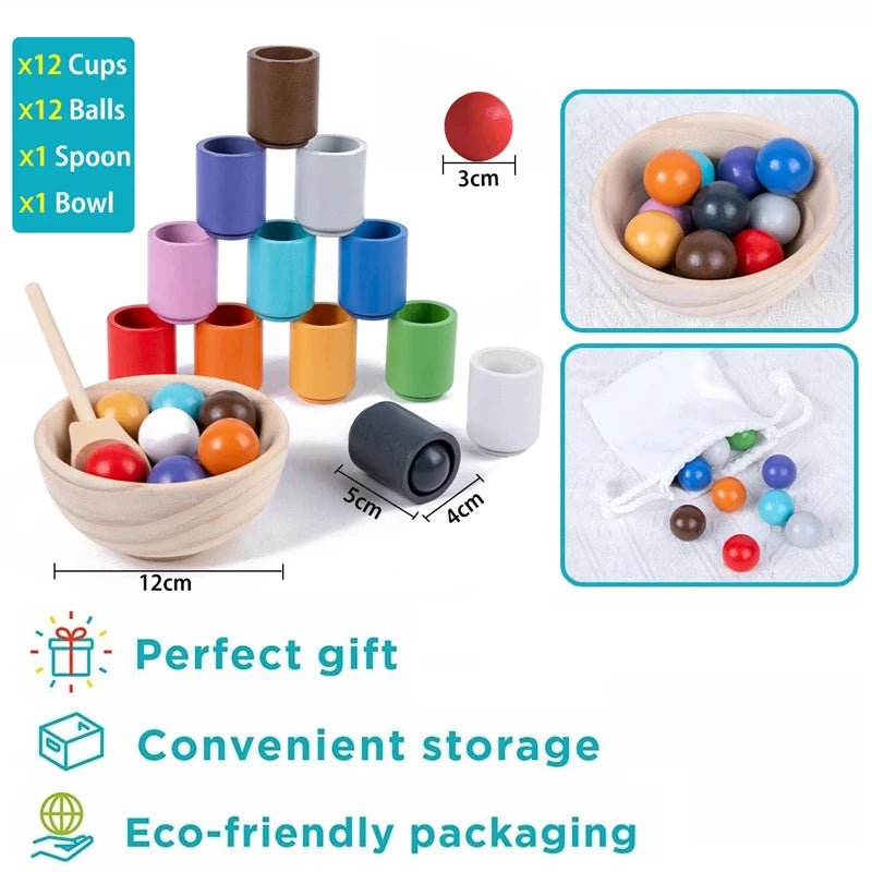 Baby Montessori Wooden Ball and Cups Colour Sorting Games