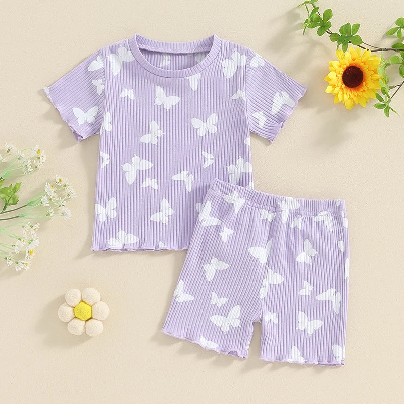 Flower / Butterfly Print Ribbed Shorts & T-Shirt Set