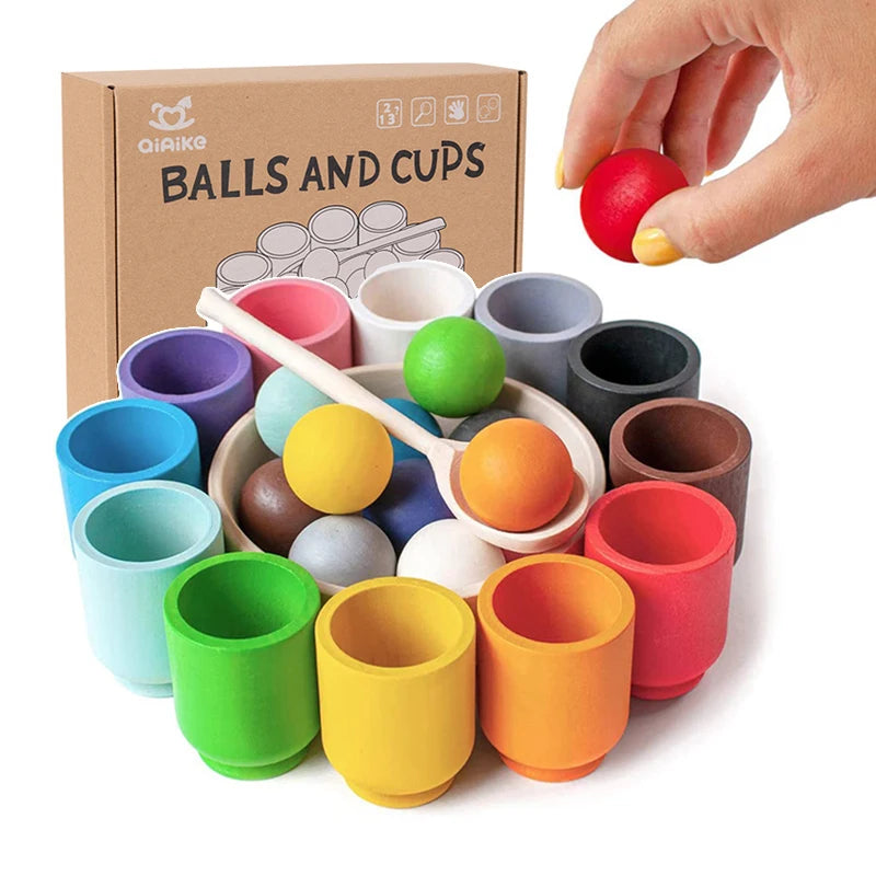 Baby Montessori Wooden Ball and Cups Colour Sorting Games