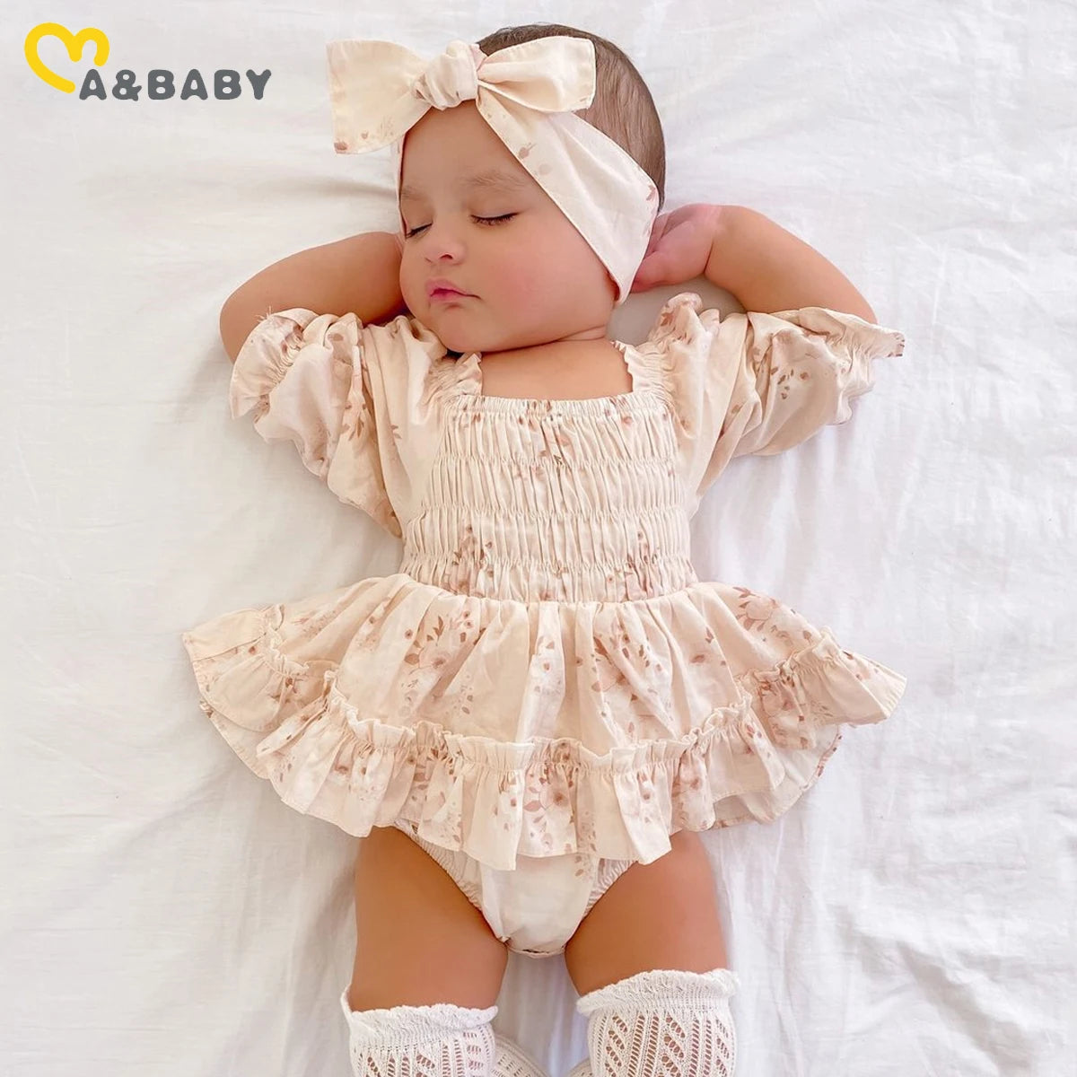Floral Print Ruffle Romper with Matching Bow