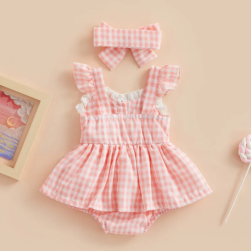 Plaid Lace Ruffle Romper & Bow Headband Set