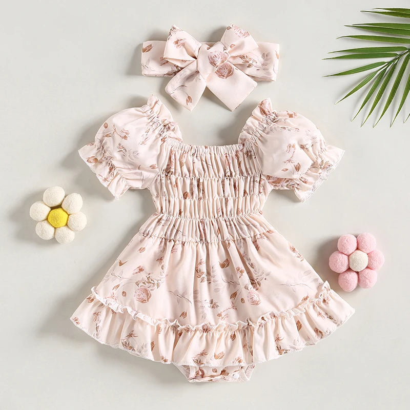 Floral Print Ruffle Romper with Matching Bow