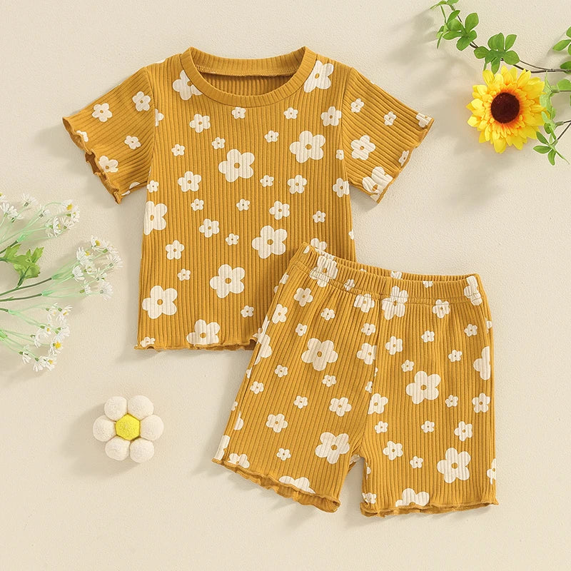 Flower / Butterfly Print Ribbed Shorts & T-Shirt Set