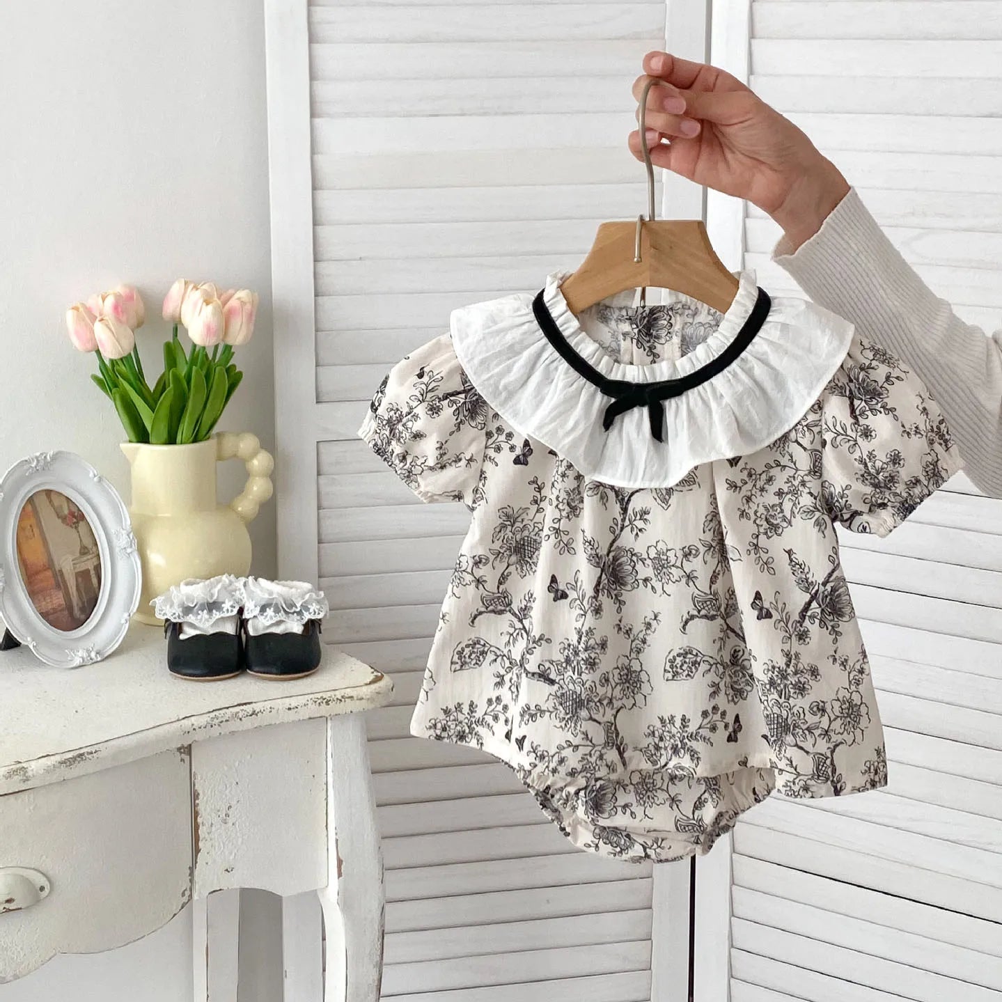 Black Floral Lace Collar Top And Bloomer Set