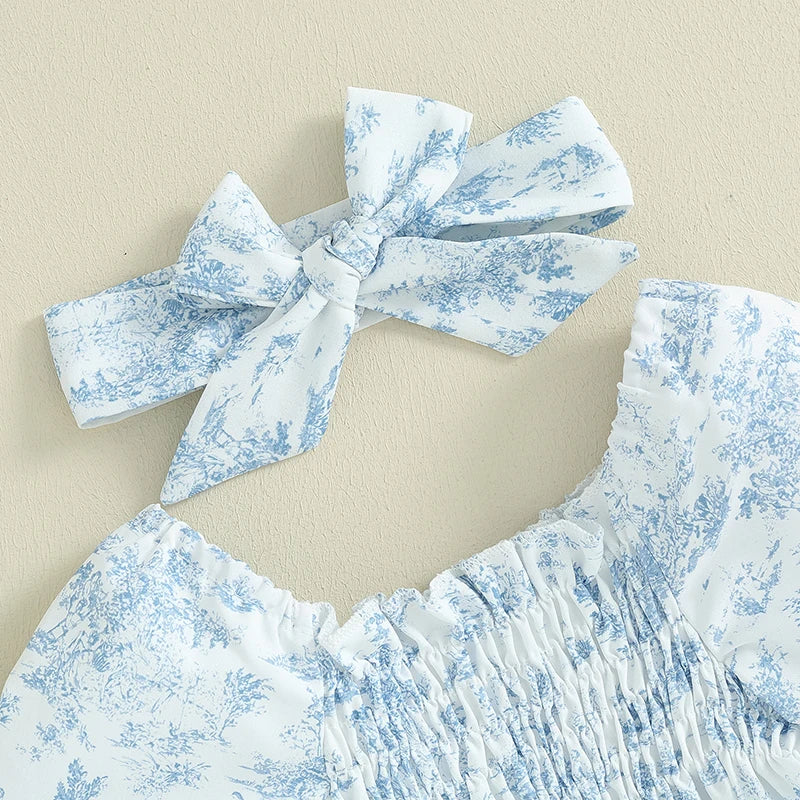Floral Print Puff Sleeve Romper & Headband Set