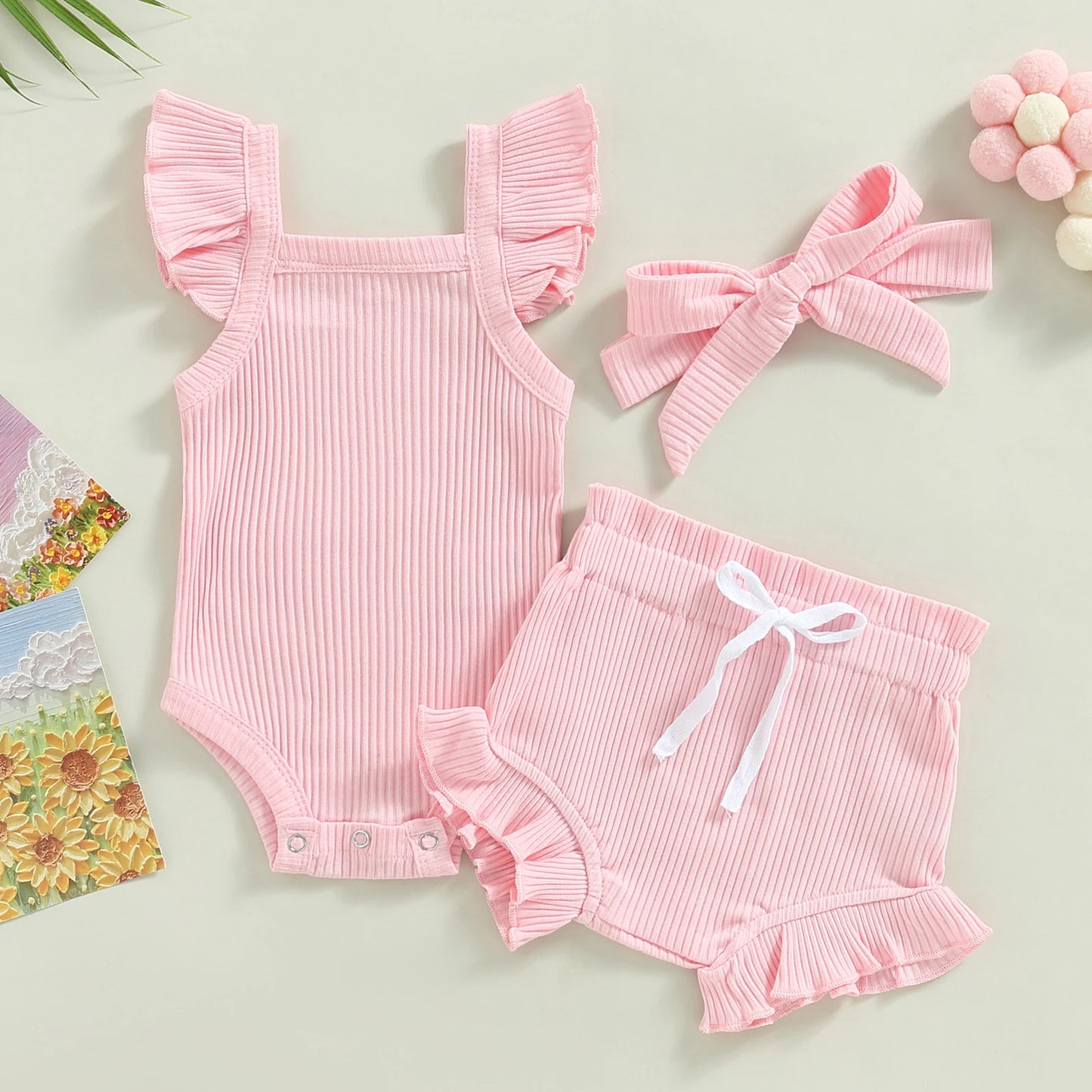 Ribbed Shorts, Bodysuit & Headband Set