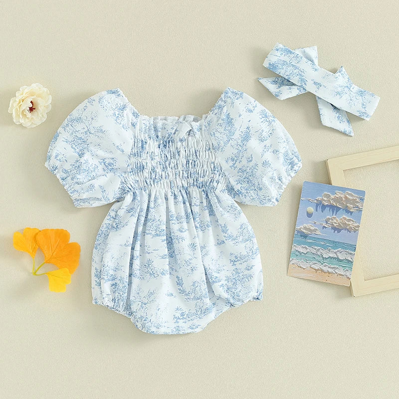 Floral Print Puff Sleeve Romper & Headband Set