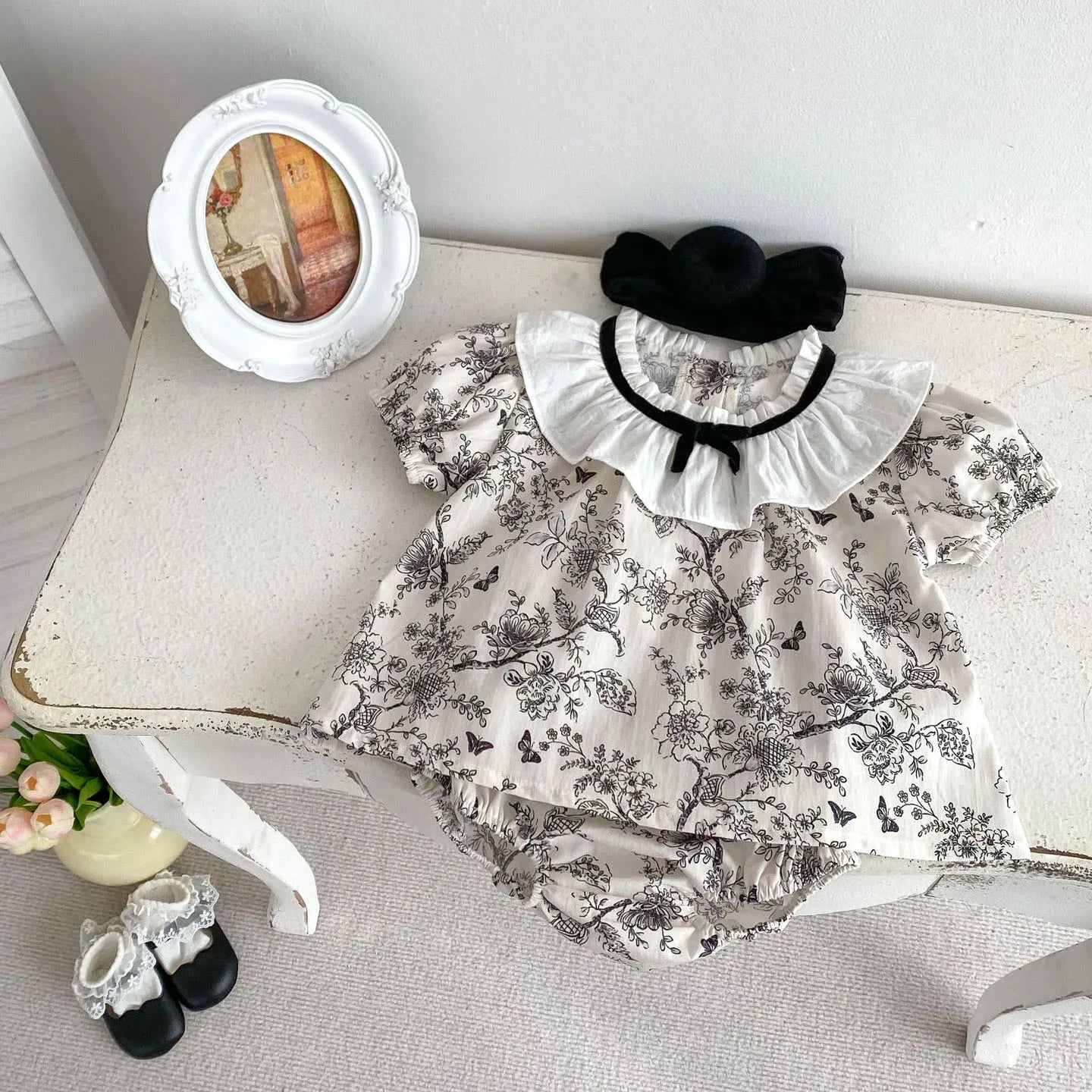Black Floral Lace Collar Top And Bloomer Set