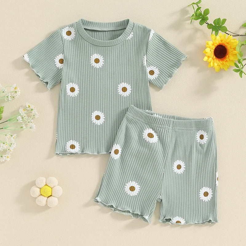 Flower / Butterfly Print Ribbed Shorts & T-Shirt Set
