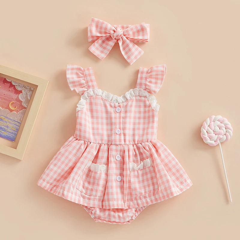Plaid Lace Ruffle Romper & Bow Headband Set