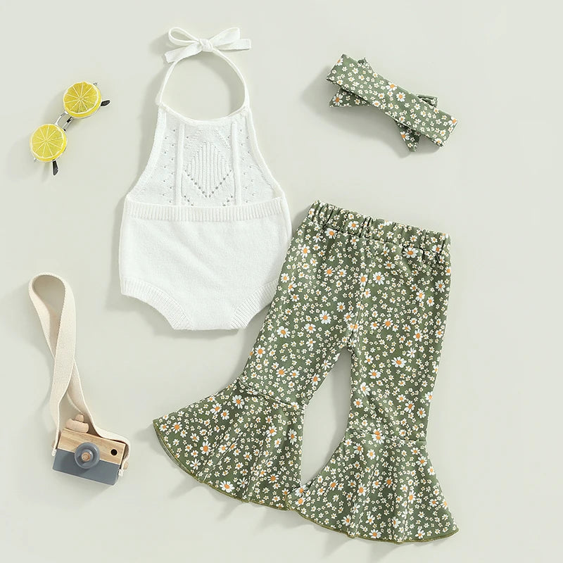 Halter Knit Top with Floral Flare Pants & Headband