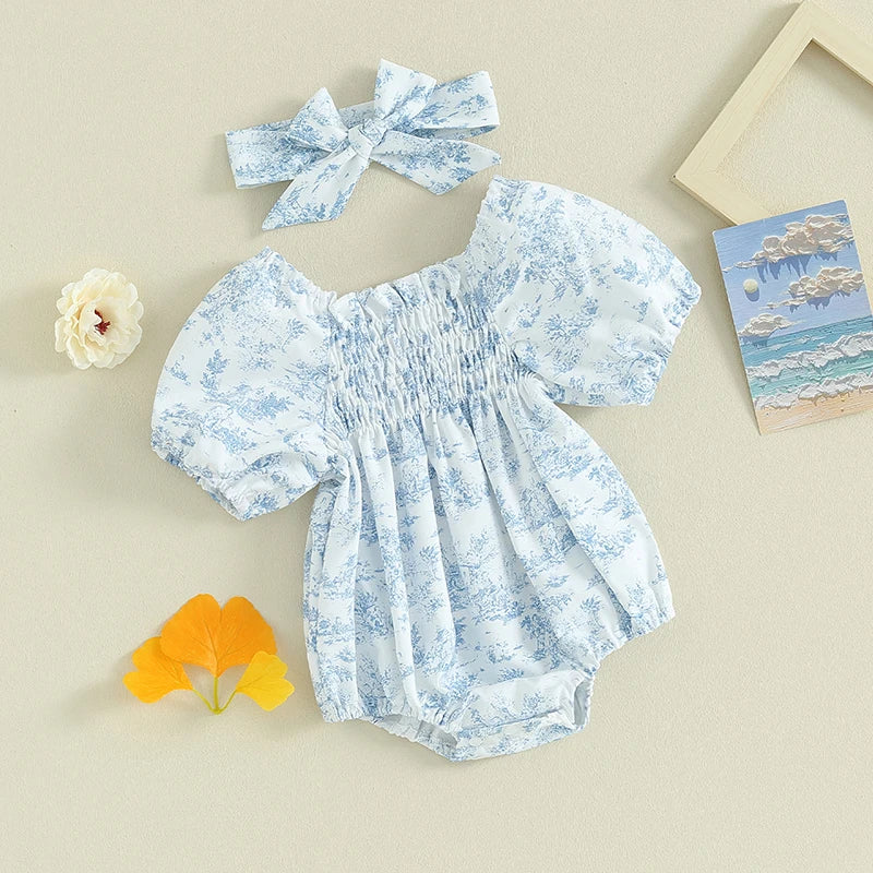 Floral Print Puff Sleeve Romper & Headband Set