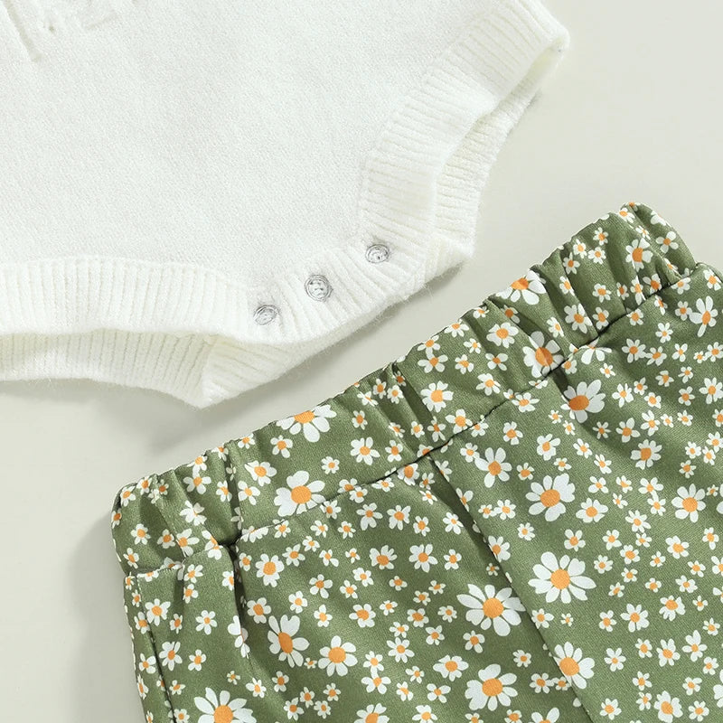 Halter Knit Top with Floral Flare Pants & Headband