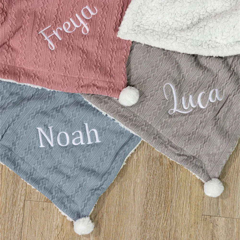 Personalised Knitted Baby Pram Blanket with Pom Poms