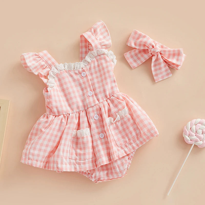 Plaid Lace Ruffle Romper & Bow Headband Set