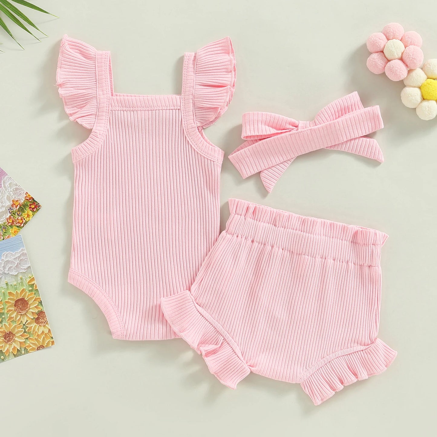 Ribbed Shorts, Bodysuit & Headband Set