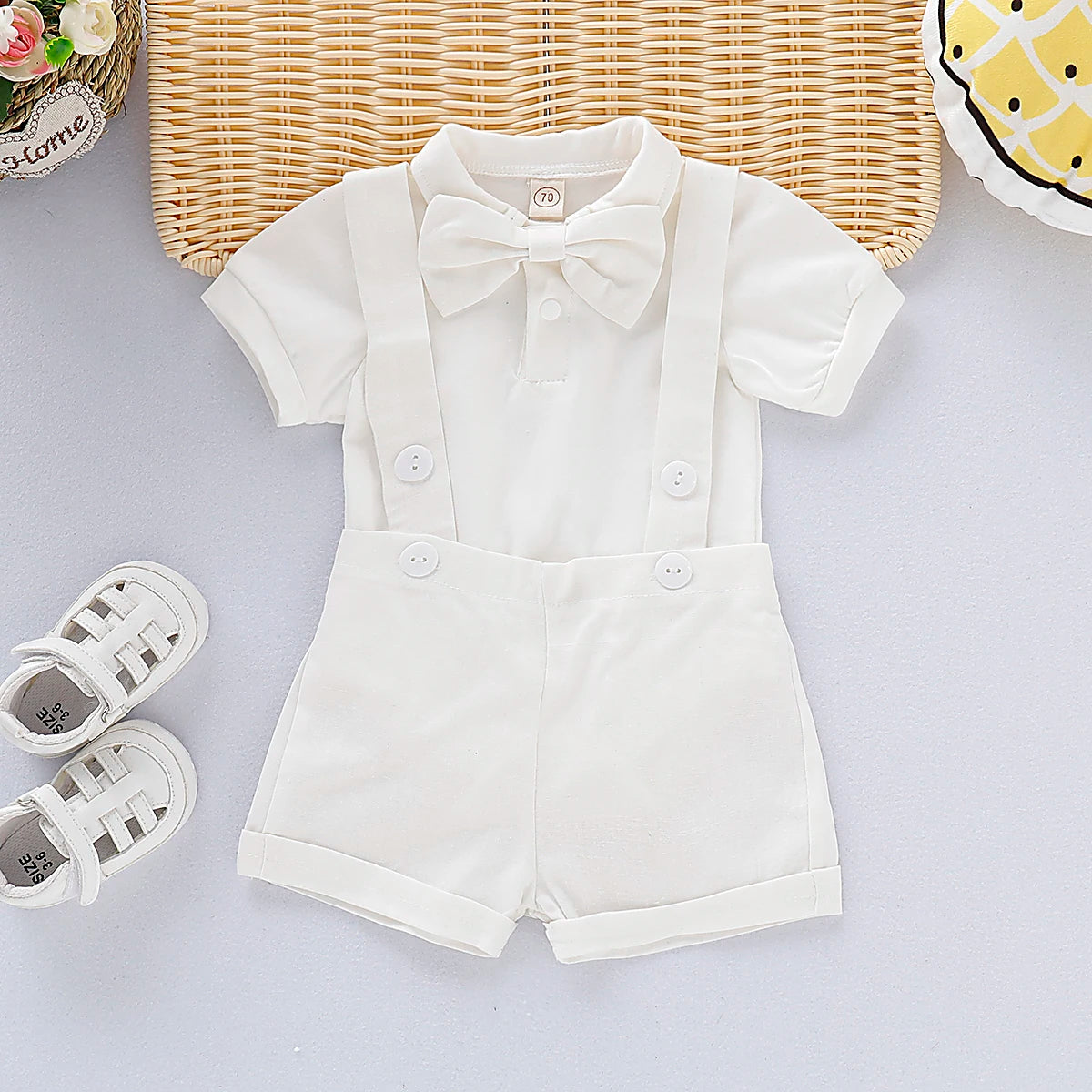 Bowtie Short Sleeve Romper & Suspender Pants