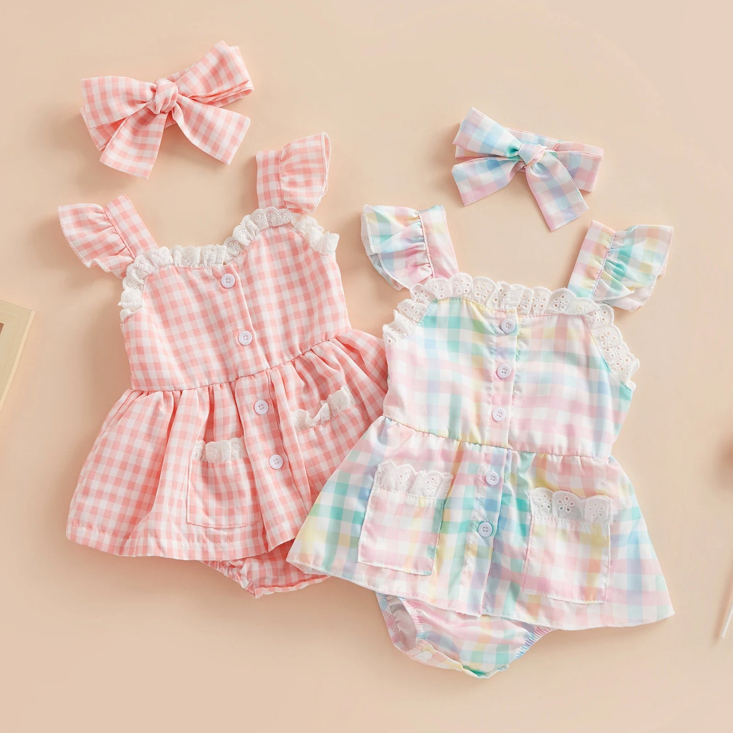 Plaid Lace Ruffle Romper & Bow Headband Set