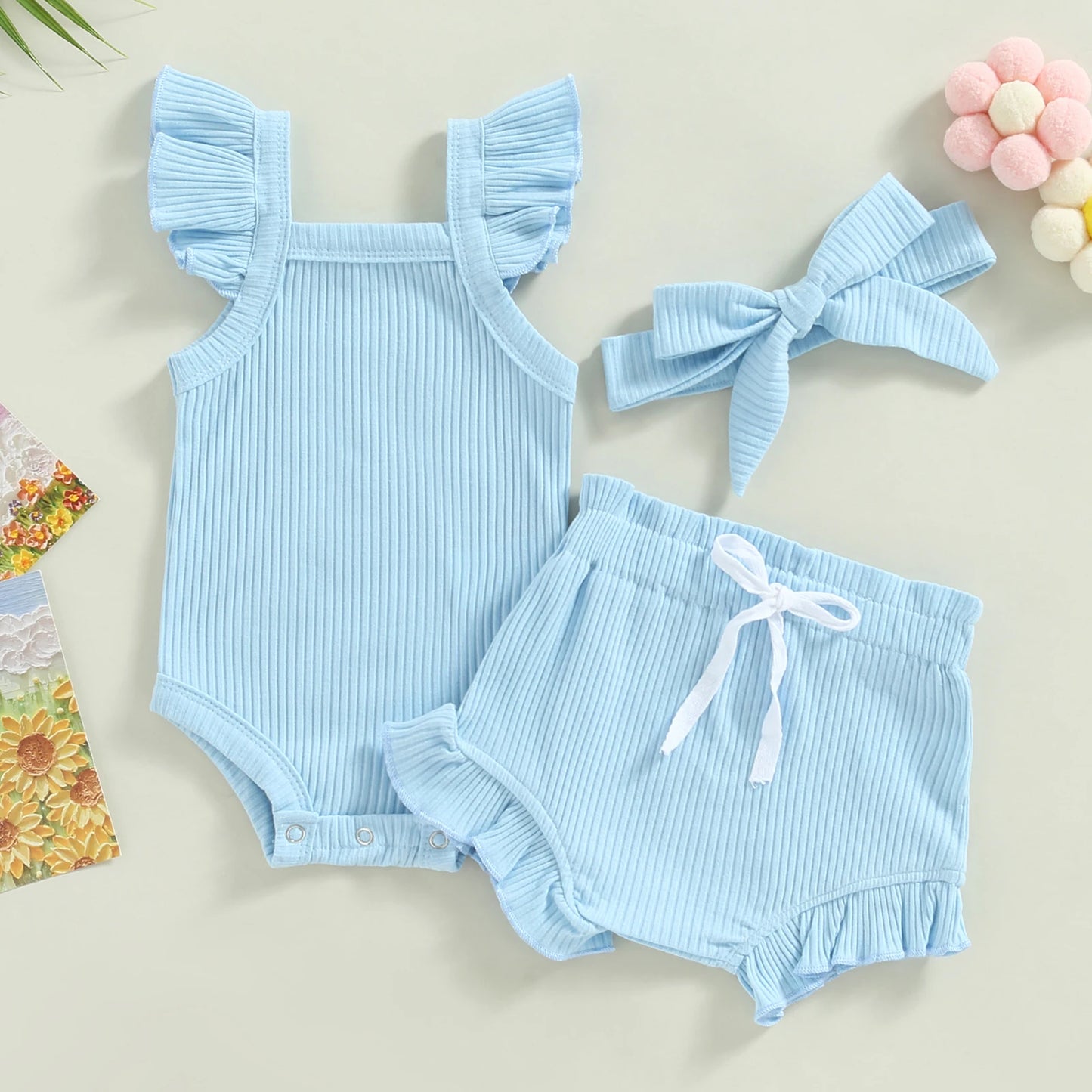 Ribbed Shorts, Bodysuit & Headband Set