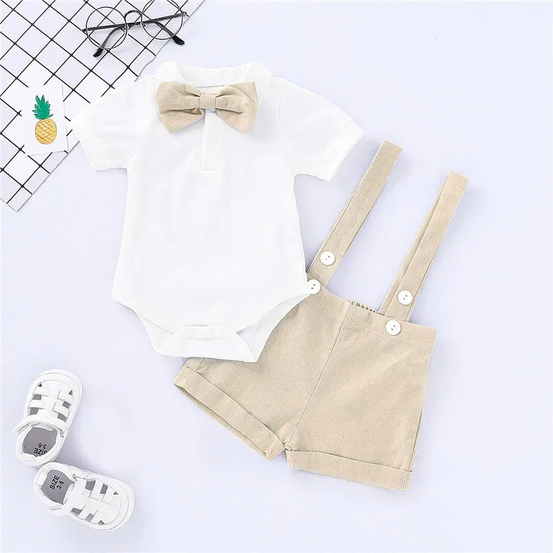 Bowtie Short Sleeve Romper & Suspender Pants
