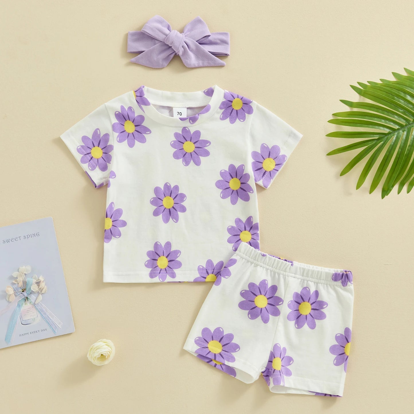 Flower Print T Shirt & Shorts Set with Headband