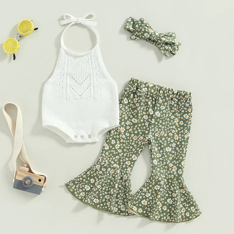 Halter Knit Top with Floral Flare Pants & Headband