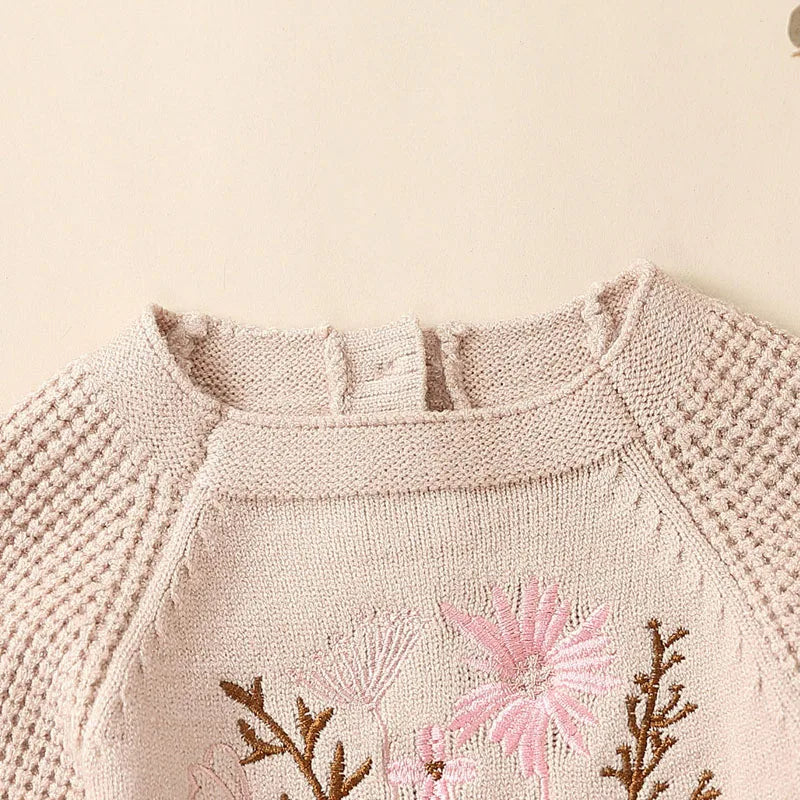Knit Romper with Flower Embroidery
