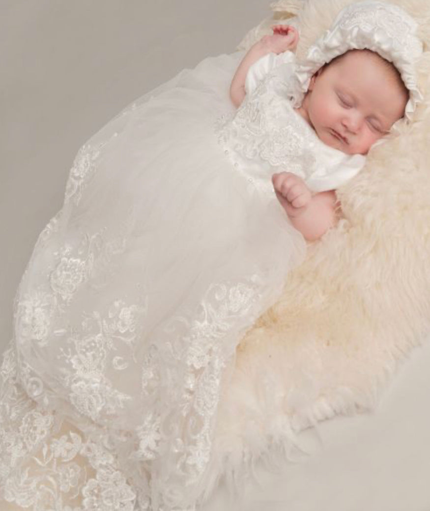 White Full Length Christening Gown with Hat