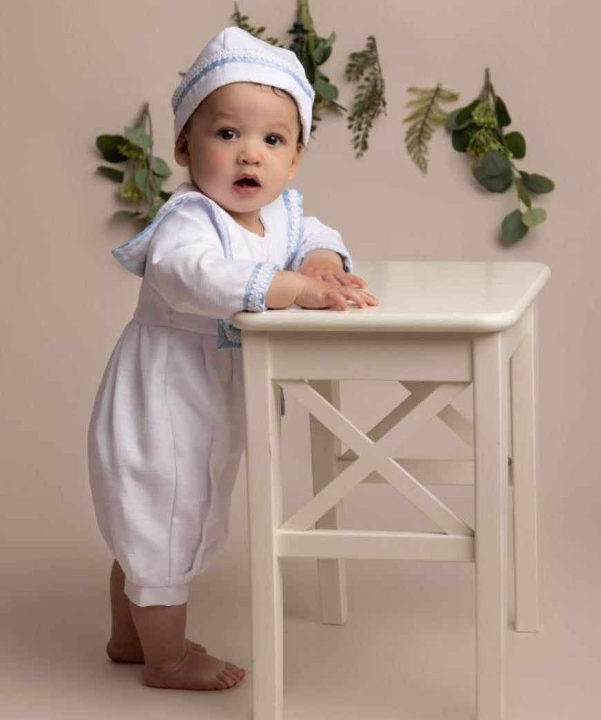 “William” Christening Suit - White with Blue