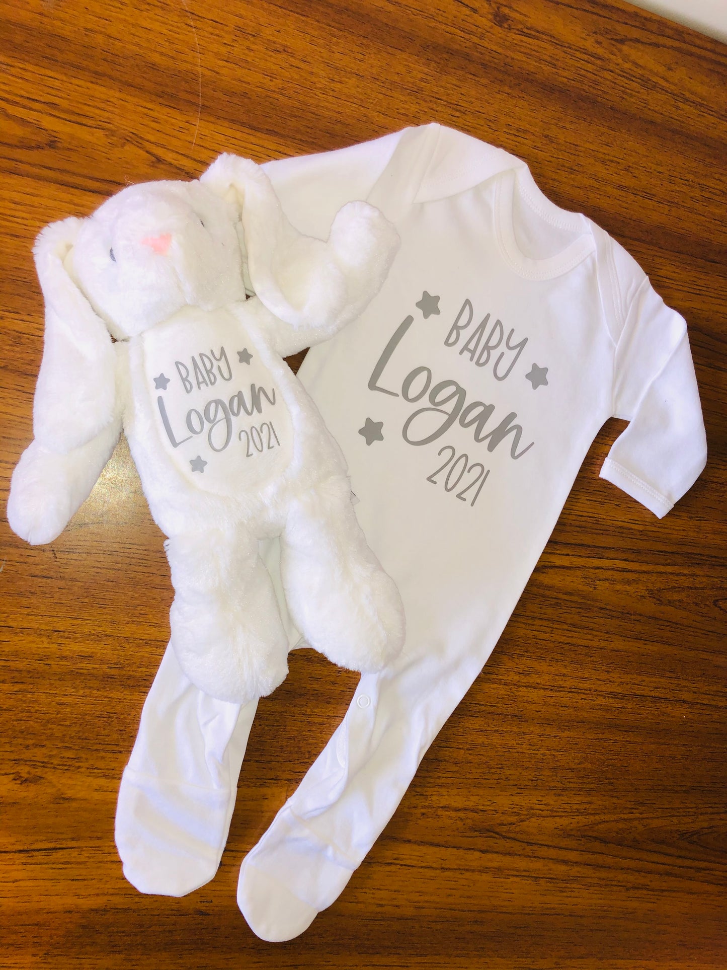 Personalised White Bunny and Sleepsuit Gift Set