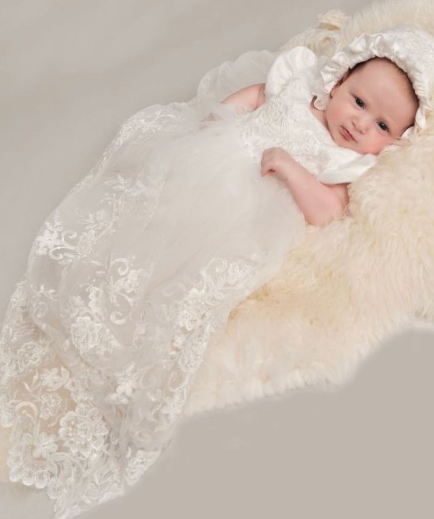 White Full Length Christening Gown with Hat