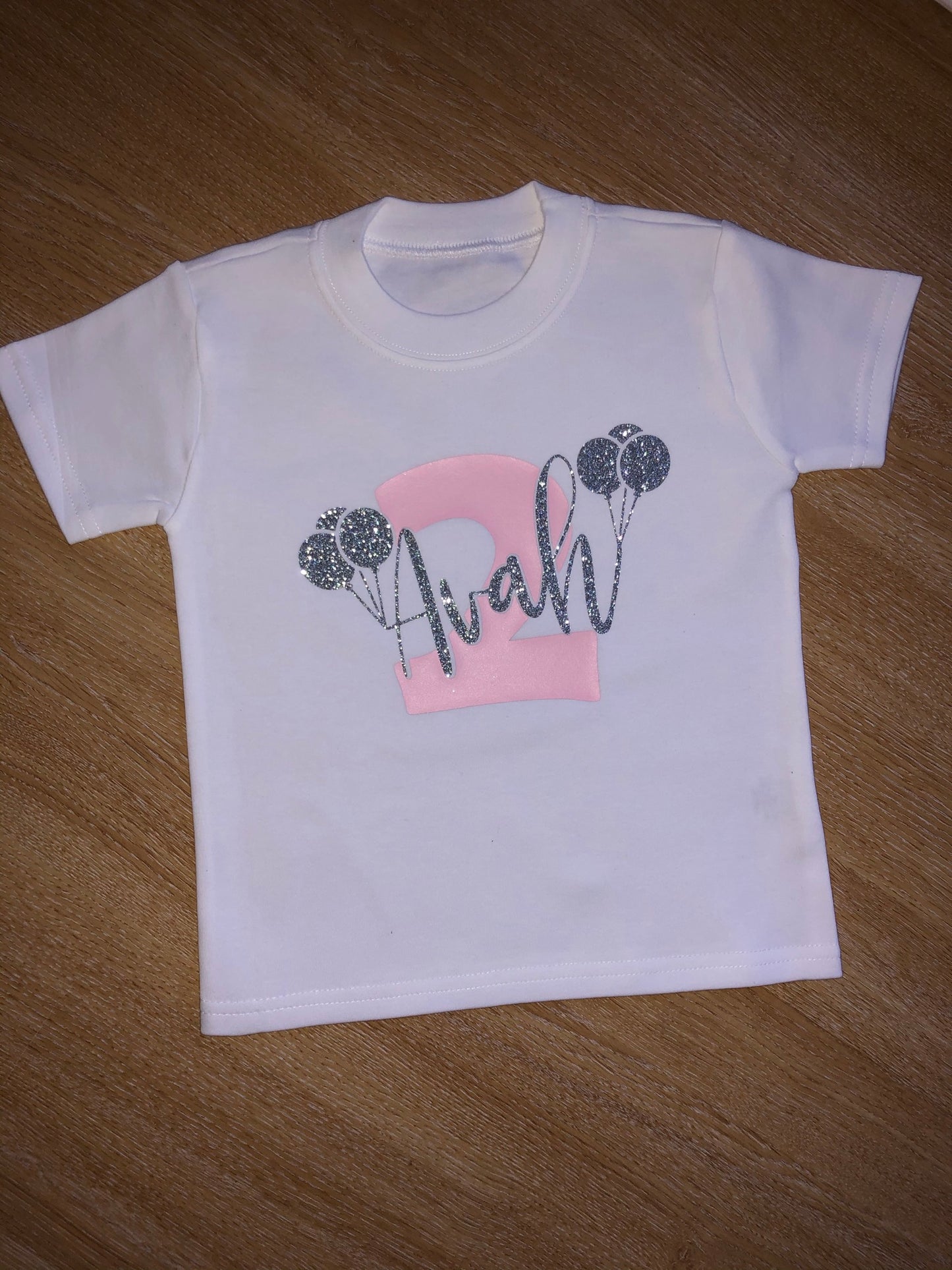 Birthday Tshirt with Name and Balloons - CHOOSE YOUR PRINT COLOURS