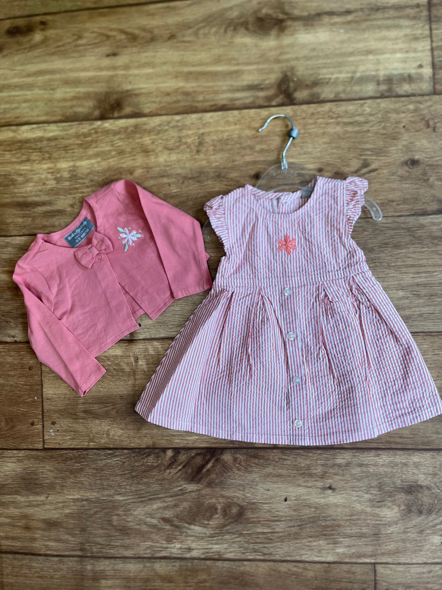 Coral Pinstripe Dress and Cardigan