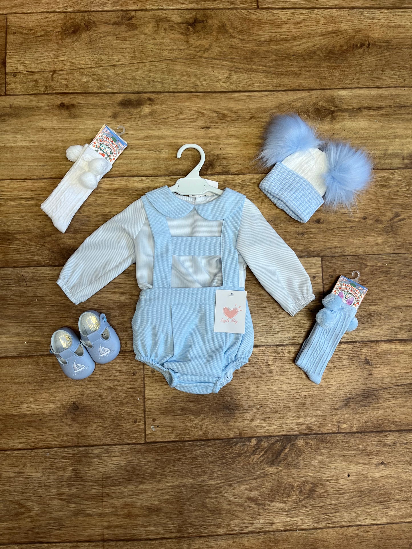 Baby Blue & White Waffle Romper Set